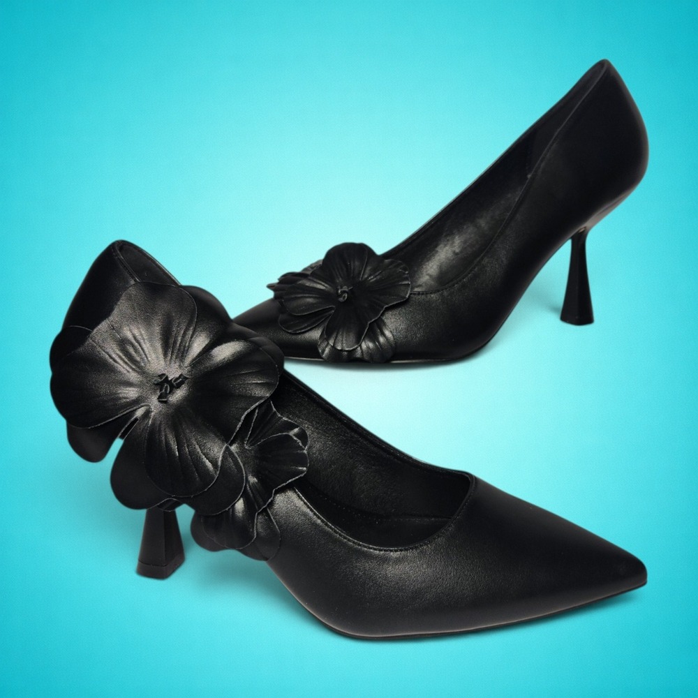 New Women's Elegant Black Pointed-Toe Heels With Flowers, Size 9